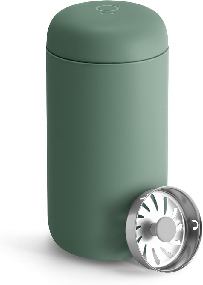 Fellow 12 oz Carter Move Travel Mug - Vacuum-Insulated Stainless Steel Travel Coffee Mug - Coffee Tumbler with Ceramic Interior and Splash Guard - Smoke Green