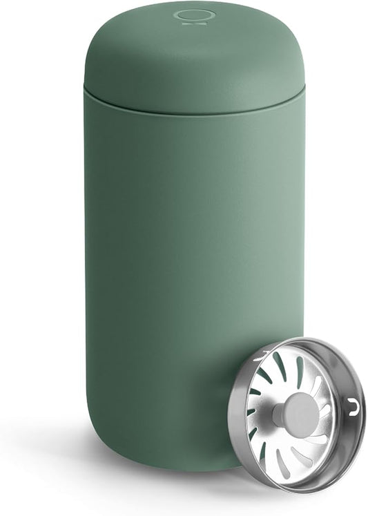 Fellow 12 oz Carter Move Travel Mug - Vacuum-Insulated Stainless Steel Travel Coffee Mug - Coffee Tumbler with Ceramic Interior and Splash Guard - Smoke Green
