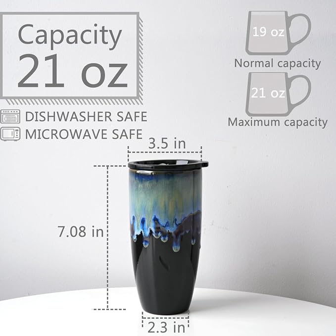 Bosmarlin Ceramic Travel Coffee Mug with Lid, 21 oz, Portable Coffee Cup for Car Cup Holder, Microwave and Dishwasher Safe, Reactive Glaze