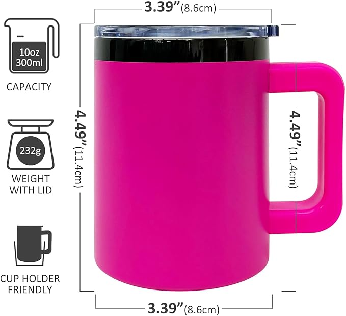 10 oz Tumbler with Handle and Straw Stainless Steel Insulated Coffee Mug for Laser Graving 20oz Powder Coated Cup with Black Plated(Rosy,1 pack)