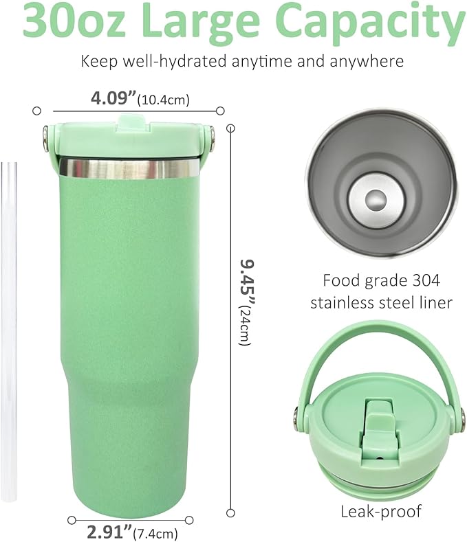 30 oz Tumbler Bulk with Top Handle, Double Wall Vacuum Insulated Tumbler with Flip Straw, Travel Coffee Mug 30oz Powder Coated Cup for Laser Engraving (Green,4 pack)