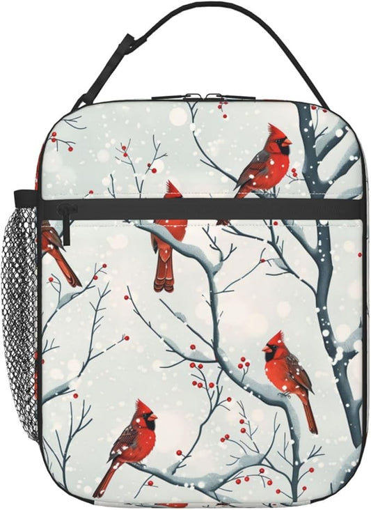 Reusable Cardinal Lunch Box for Kids Girls Boys Women Adult, Insulated Bird Winter Snowy Lunch Bag,Polyester Cooler Handbags Case for School Picnic Work Travel Beach or Hiking