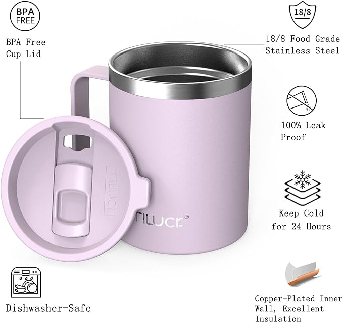 TILUCK 12 oz Insulated Coffee Mug with Lid, Leak-Proof Stainless Steel Travel Mug Cup with Handle for Hot or Cold Drinks(LightPurple, 12oz)