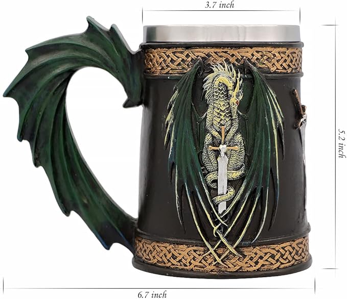 18oz Gift Green Dragon with Sword Beer Mug Stainless Steel Coffee Mug Norse Gothic Decor Viking Festival Gift GOT Dragon Decor