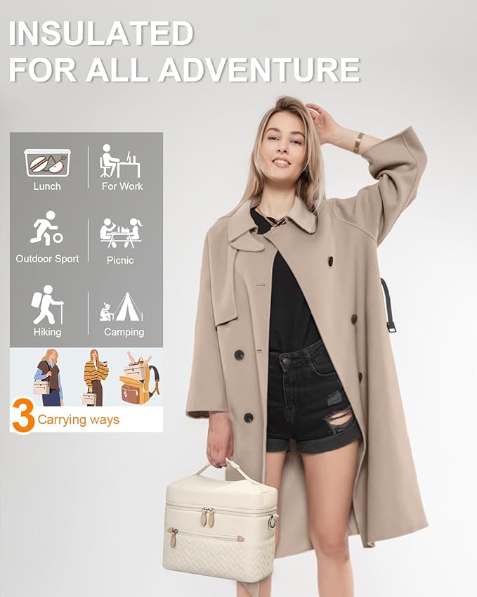 Capolo Lunch Box for Women Men Adults,Insulated Lunch Bag Leakproof Lunch Cooler Box with Removable Strap Cute Lunch Tote Bags Reusable Thermal Lunchbox for School Work Picnic(Small,Beige)