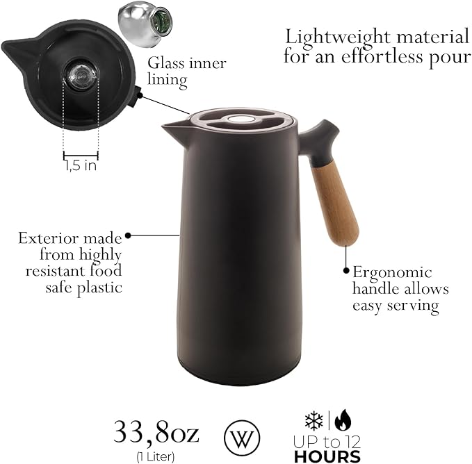 WOLFF - Thermal Coffee Carafe - 34oz / 1L Insulated Plastic Exterior Carafe for Hot or Cold Drinks - Leakproof Coffee and Tea Dispenser with Wood-like Handle and Glass Liner - Black, 34floz/1L