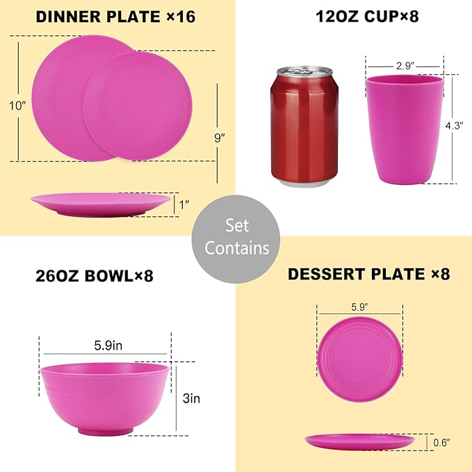 Wheat Straw Dishes Set 40 PCS,Shatterproof Dinnerware Sets for 8,Microwave Safe Dining Set,Plate Sets,Bowl Sets,Stackable and Lightweight Dinner Plates for RVs,Camping,Travel (Pink Matte)