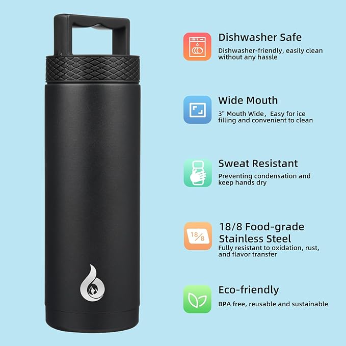 BJPKPK Insulated Water Bottles, Dishwasher Safe 18 oz Water Bottle with Handle, Leakproof BPA Free Water Jug, Stainless Steel Thermo for Sports, Black