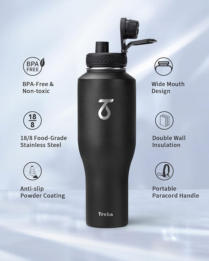 Trebo 40 oz Insulated Water Bottle that Fits in Car Cup Holder,Triple Wall Stainless Steel Water Bottles Insulated,LeakProof,Keep 48 hrs Cold & 24 hrs Hot,Metal Tumbler with Paracord Handle,Straw