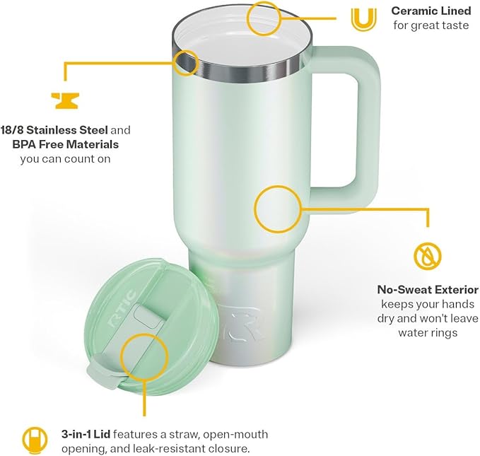 RTIC 40 oz Road Trip Tumbler Double-Walled Cermaic Lined Insulated Stainless Steel Portable Travel Coffee Mug Cup with Lid, Handle and Straw, Fresh Mint Glitter