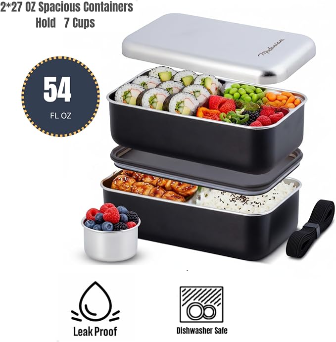 Stackable Stainless Steel Bento Box Adult |leak proof| Stainless Steel Lunch Box container| Metal Bento box|Lunch Container Food storage |large compartment| bentobox| Non toxic|Black