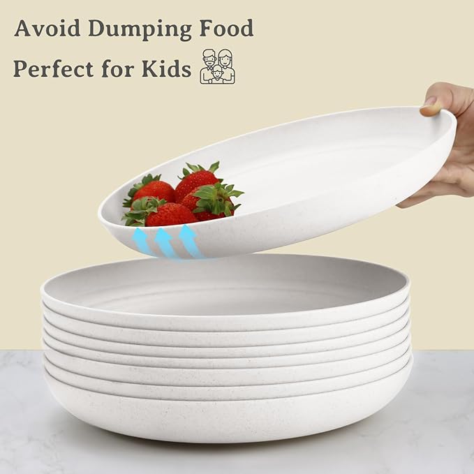 Wrova Wheat Straw Plates - 9 Inch Unbreakable Dinner Plates Set of 8 - Dishwasher & Microwave Safe Plastic Plates Reusable for Kitchen and Camping (white)