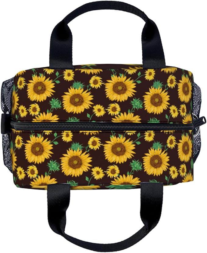 Yellow sunflower Lunch Bag for Women Men Cute Large Capacity Thermal Lunch Tote Reusable Washable with Adjustable Shoulder Strap and Dual Large Mesh Side Pockets