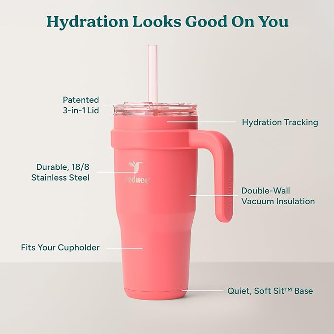 REDUCE 24 oz Stainless Steel Tumbler with Handle - Dual-Wall Vacuum Insulated Travel Mug, Sweat-Proof Lid & Reusable Straw - Keeps Drinks Cold for 24 Hrs, Fits Cupholders, Dishwasher Safe - Daiquiri