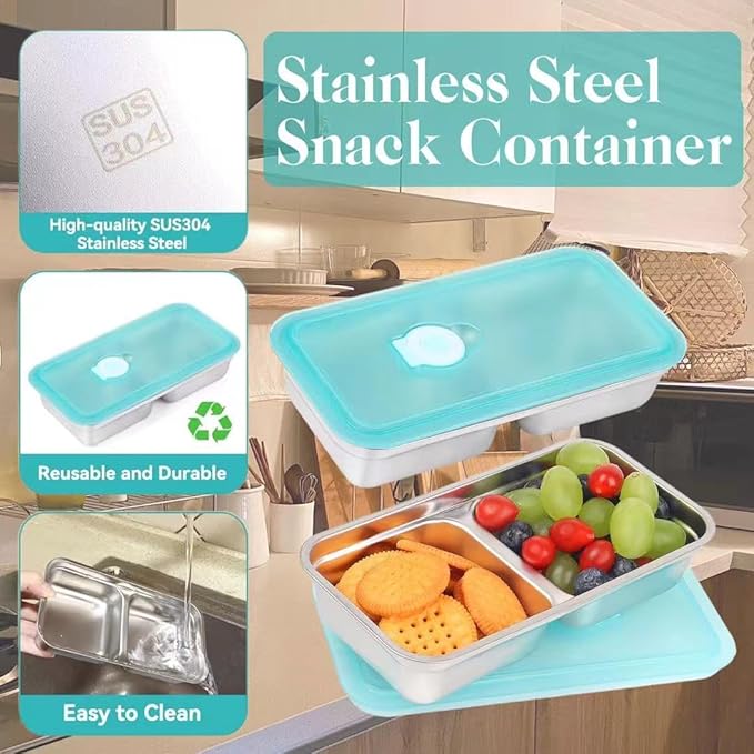 2 Pcs Reusable Food Storage Containers with Lids, Stainless Steel Snack Containers, Condiment Container, Grab and Go Snack Containers for Snacks,Dips,Lunch,Travel and Outdoor Camping