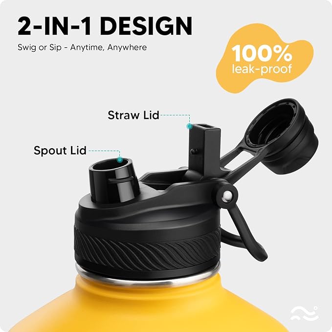 [2-IN-1 LID] Gallon Insulated Water Bottle with Silicone Boot (48hrs Cold/24hrs Hot) - DIY Stickers, Leakproof, BPA Free, 128 oz