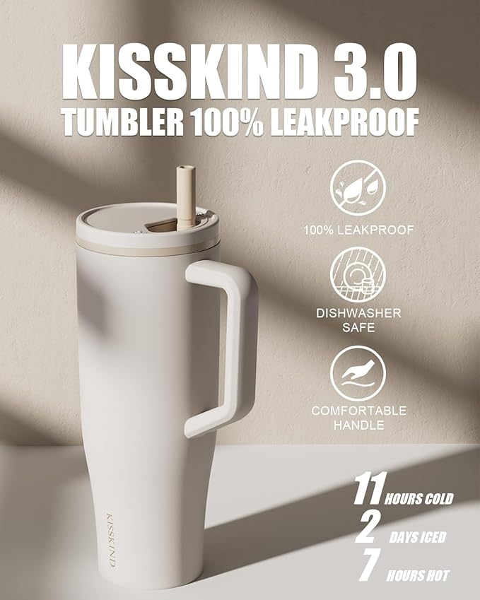 KISSKIND 40 oz Tumbler with Handle and Straw | Lumi Spin Hidden Straw 100% Leakproof Insulated Tumbler | Stainless Steel Water Bottle for Mom, Nurse, Teacher | Coffee