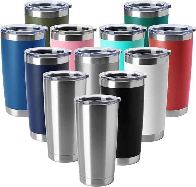 HASLE OUTFITTERS 20oz Tumblers Stainless Steel Mugs with Lid Double Wall Vacuum Insulated Coffee Cups for Cold & Hot Drinks (20oz-Mix, 12 Pack)