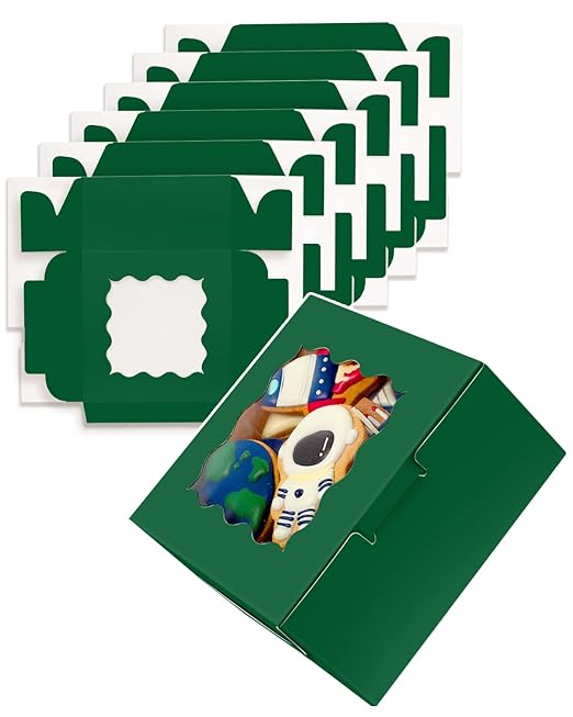 qiqee Deep Green Cookie Boxes with Window 36packs 6x6x3 Deep Green Bakery Box Pastry Box for Wedding Favor Birthday ＆ Party