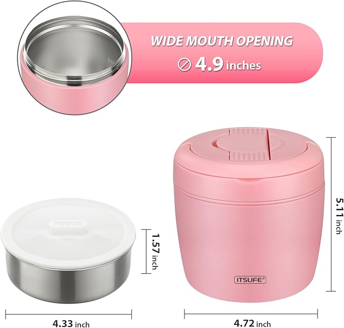 Soup Thermo for Hot Food Adults 32OZ Lunch Containers Wide Mouth Hot Food Jar Vacuum Insulated Stainless Steel Bento Box Leakproof with Spoon (Light Pink)