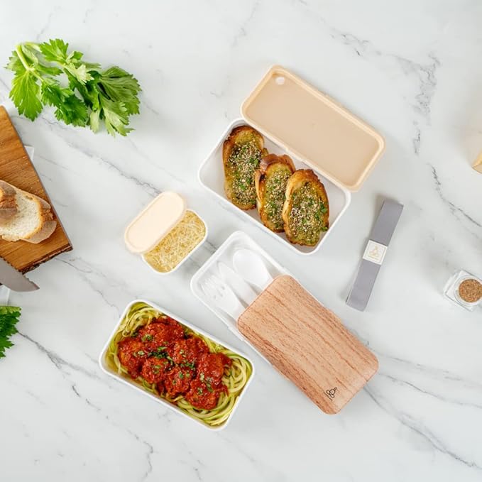 Restaurantware Bento Tek 40.5 Ounces Stackable Lunch Box 1 Reusable Adult Lunch Container - With Utensils Included Sauce Cup Wood Grain & White Plastic Layered Lunch Box Microwavable Dishwashable
