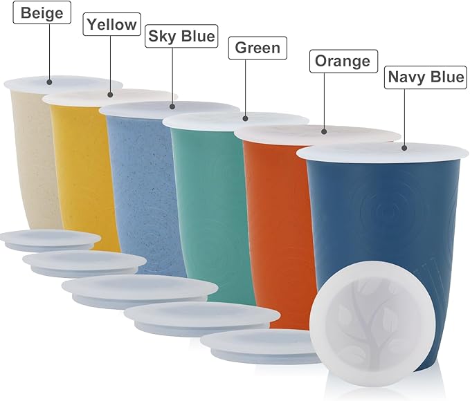 Wrova Wheat Straw Cups with Silicone Covers 16oz Set of 6 - Alternative Plastic Cups Microwave & Dishwasher Safe - Plastic Drinking Cups Unbreakable for Kids