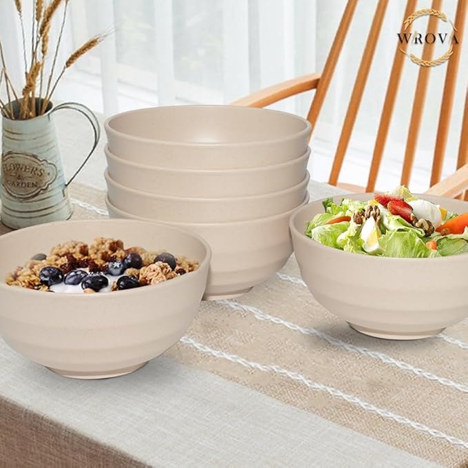 Wrova Wheat Straw Bowls Set 60 OZ, Unbreakable Large Beige Bowls Set of 6, Microwave & Dishwasher Safe Big Cereal Bowl for Picnic and Party BPA Free Salad Bowl for Serving Oatmeal and Popcorn (Beige)