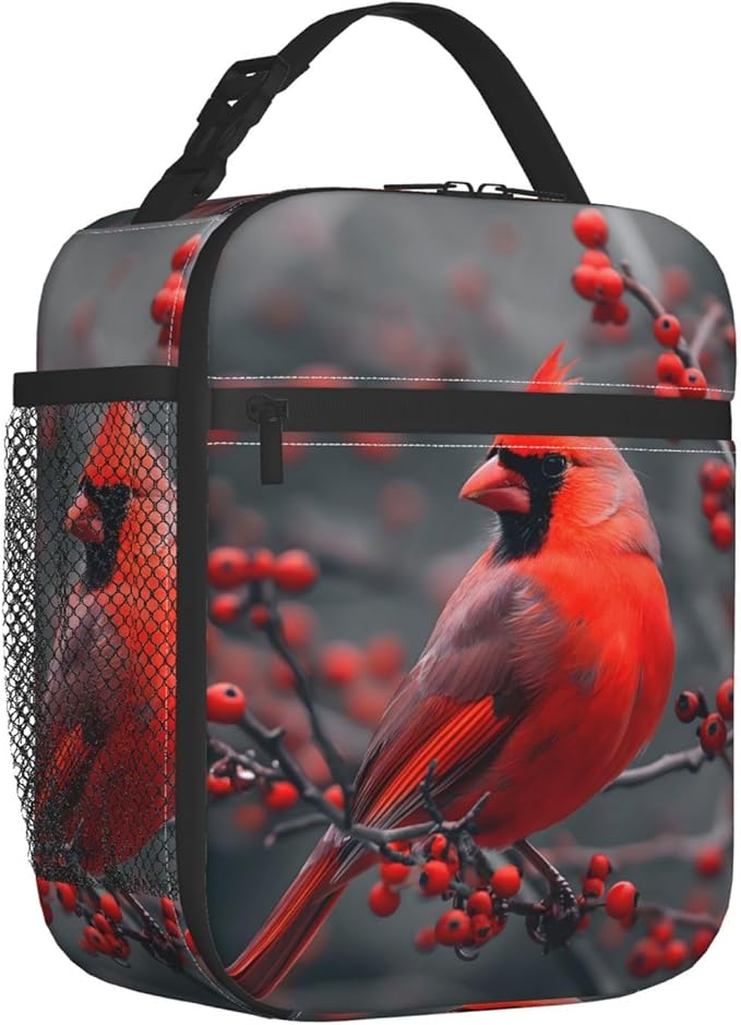 Reusable Northern Red Cardinal Lunch Box for Kids, Insulated Berries Winter Bird Bag,Polyester Cooler Animal Lovers Handbags Case for School Picnic Work Travel Beach or Hiking, Gifts