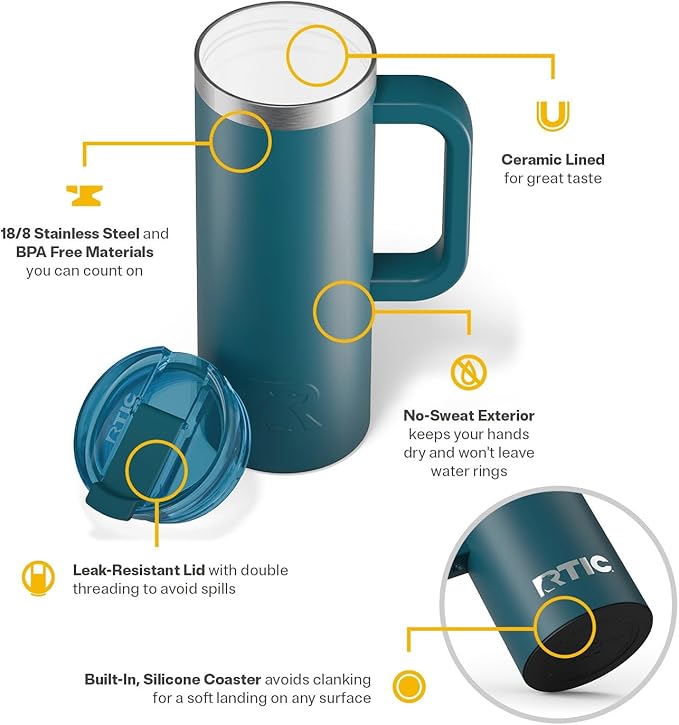 RTIC 20oz Road Trip Travel Mug with Lid and Handle, Ceramic Lined, Insulated, Stainless Steel, Metal, Double Wall Vacuum-Insulation, Portable Coffee, Tea Cup for Hot and Cold Drink, Marine