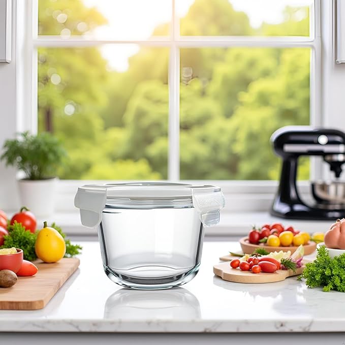 8 Pack Glass Food Storage Containers with lids, Round Glass Soup Container with Airtight Lids, Reusable Leakproof, Round Food Bowls for Soup, leftovers, Dishwasher Microwave Freezer Safe