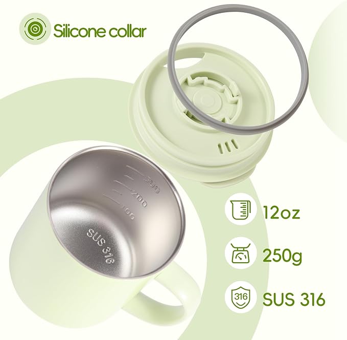 12oz Insulated Camping Coffee Mug with Lid & Handle, Double Wall Stainless Steel Vacuum Travel Coffee Cup, Reusable Tumbler for Home Office Camping - Green