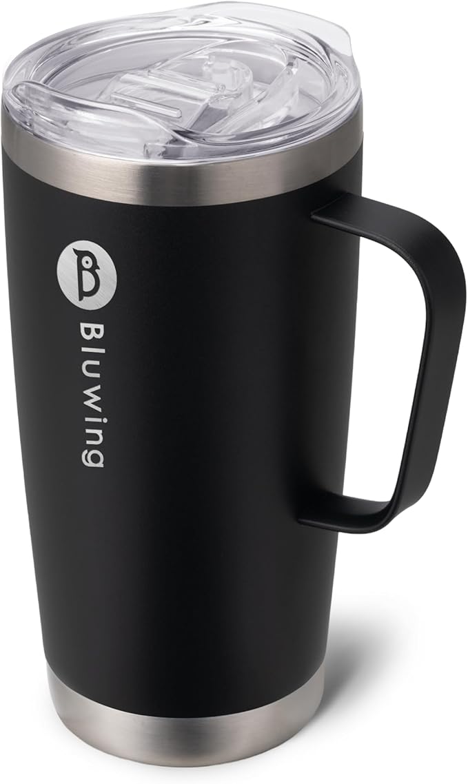 20 oz Insulated Tumbler with Handle Stainless Steel Travel Coffee Mug with Lid and Straw, Double Wall Tumbler Cups for Women and Men, BPA Free (Black)