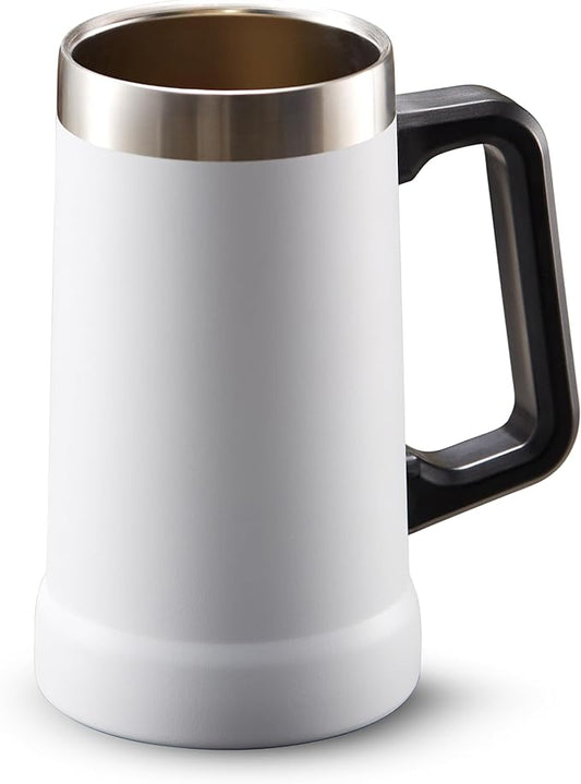 KooK Beer Stein, Stainless Steel Coffee Mug, Tumbler with Thermal Vacuum Insulation, Big Grip, Adventure, Double Walled Drinking Cup, Large Handle, Shatterproof, White, 24 oz