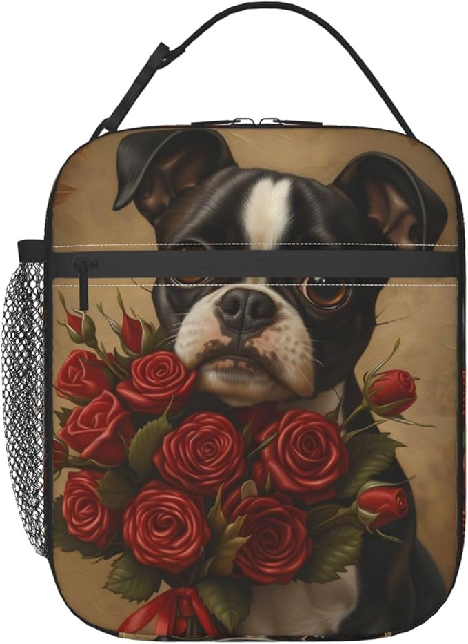 Boston Terrier Rose Insulated Lunch Box,Retro Dog and Red Floral Reusable Tote Bag for Women Girls,Vintage Pet Design Lunchbag,Portable Cooler Lunchboxes for Work School Picnic Travel Gifts