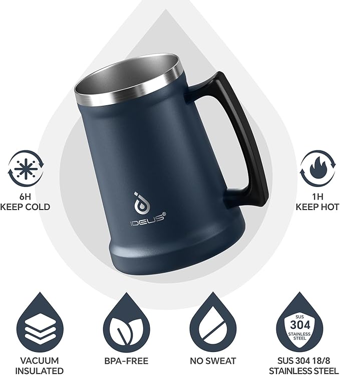 Ideus Insulated Beer Stein, 24/32oz Stainless Steel Double Walled Beer Mug Giant Bar Drinkware Metal Beer Cup with Big Grip Handle (34oz (1,000ml), Navy Blue)