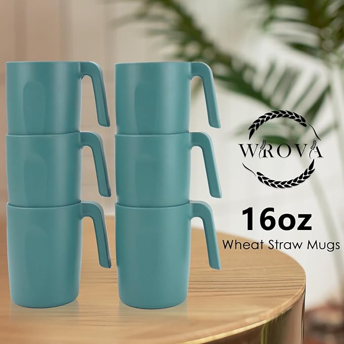 Wrova 16oz Wheat Straw Cups with handles set of 6-Plastic Cups Reusable-Unbreakable Kids Mugs-Dishwasher Safe & Microwave Safe-Ideal Plastic Mugs for Tea,Coffee,Camping,RV-Green