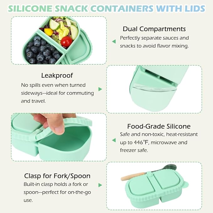 YQL 3 Pack Premium Silicone Reusable Snack Containers with Lids, Double Compartment Snack Box for Kids, Portable Food Containers for Sauce and Salad, Leakproof Snackle Packs for School, Picnic, Office