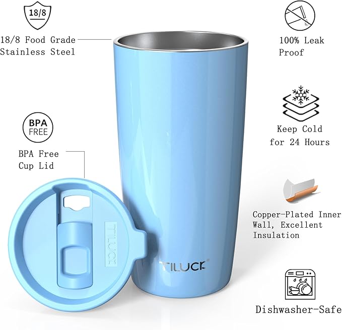 TILUCK 20 oz Tumbler with Leak-Proof Lid, Vacuum Insulated Stainless Steel Coffee Mug, Double-Walled Travel Tumbler for Hot and Cold Drinks(GlitterBlue, 20oz)