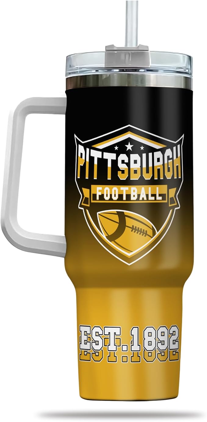 Football Personalized 40oz Insulated Travel Mug with Handle & Straw, Stainless Steel Custom Tumbler, Name & Number Cup, Sports Gift for Men Women (Pittsburgh)