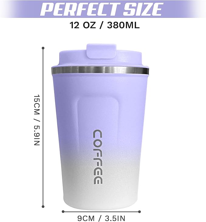Travel coffee mugs leak-proof, reusable coffee cups with lids, stainless steel vacuum thermos coffee tumblers,thermal insulation cups for men and women hot & cold drinks (2nd-Purple White, 12OZ)