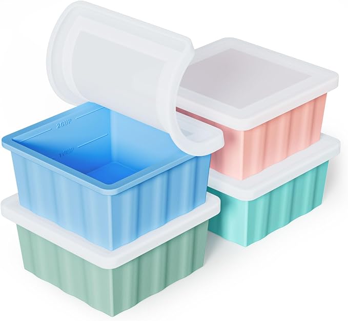 Silicone Freezer Tray for Soup Ice Cubes: 2-Cup Freezing Trays with Lid for Meal Prep - 4Pack Silicon Soup Portion Freeze Tray Make Stock Souped Ice Cube