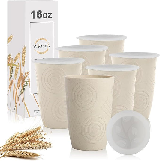 Wrova Wheat Straw Cups with Silicone Covers 16oz Set of 6 - Alternative Plastic Cups Microwave & Dishwasher Safe - Plastic Drinking Cups Unbreakable for Kids - Beige