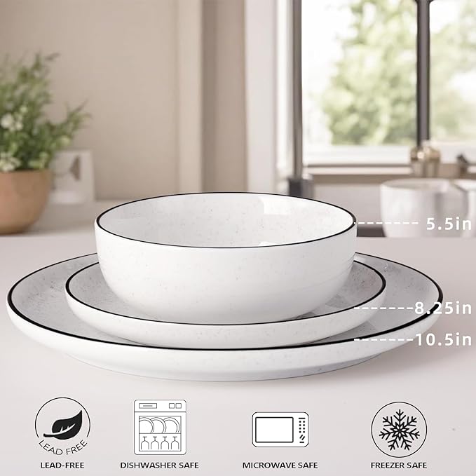 Plates and Bowls Sets for 4,12 Pieces Ceramic Dish set, White Dinnerware Set for Kitchen, Modern Design Plate Sets with Black Rim, Microwave and Dishwasher Safe