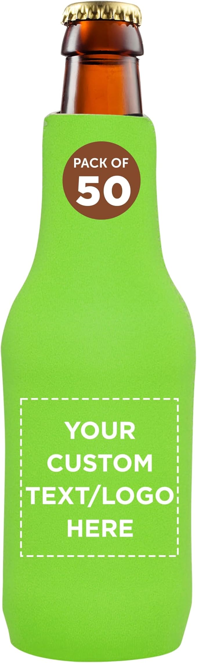 50 Neoprene Zippered Beer Bottle Coolies Pack - Customizable Text, Logo - Sharkskin Rubber Bottom - Lime Green