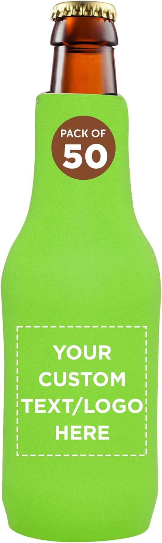 50 Neoprene Zippered Beer Bottle Coolies Pack - Customizable Text, Logo - Sharkskin Rubber Bottom - Lime Green