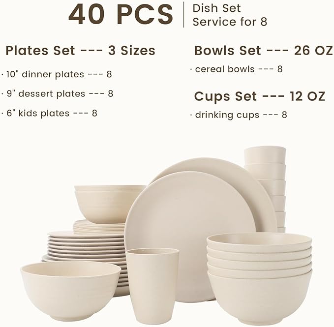 Homienly 40 PCS Dinnerware Set Service for 8, Kitchen Wheat Straw Dinnerware Set Unbreakable - Plates Set, Bowls Set,Cups Set, Microwave and Dishwasher Safe Dish Set for Dinner, Outdoor(Beige)