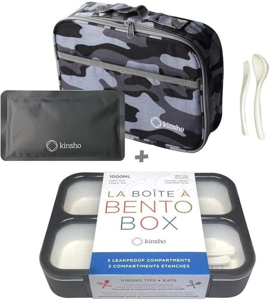Bento Box with Insulated Lunch Bag and Ice Pack. Lunch Container with 3 Divided Leak-Resistant Compartments Perfect for Work or School, Adults Boys Kids, Black with Camo Bag