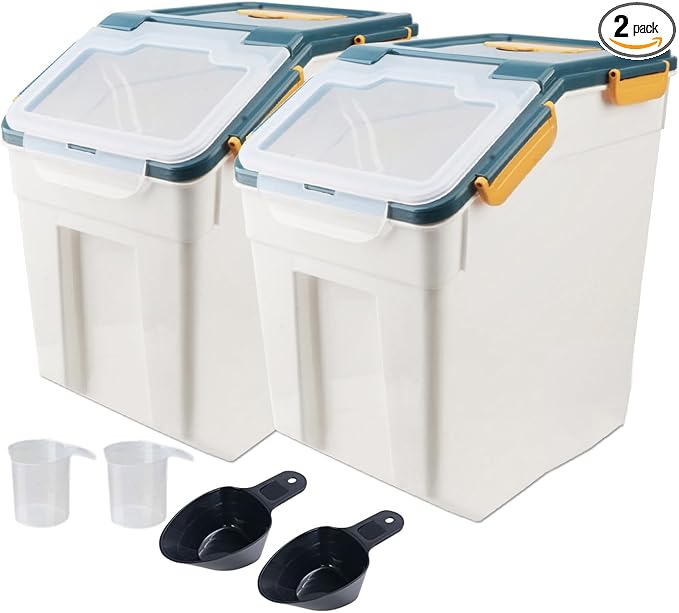 2 Pack Rice Storage Container with Measuring Cup 50 lb Flour Storage Container with Wheels, BPA Free Food Storage Container Dog Cat Food Bin Set for Dry Food Sugar, Cereal(Blue)