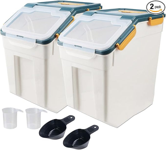 2 Pack Rice Storage Container with Measuring Cup 50 lb Flour Storage Container with Wheels, BPA Free Food Storage Container Dog Cat Food Bin Set for Dry Food Sugar, Cereal(Blue)