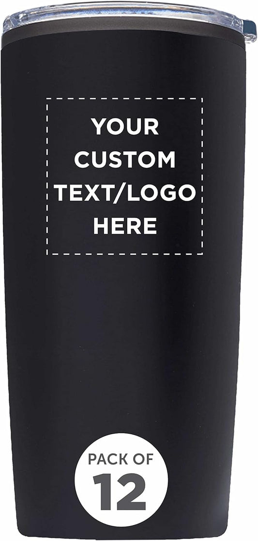 Custom Plastic Tumblers 20 oz. Set of 12, Personalized Bulk Pack - With lids, Ice Coffee Tumbler, To Go Cup, Insulated - Black